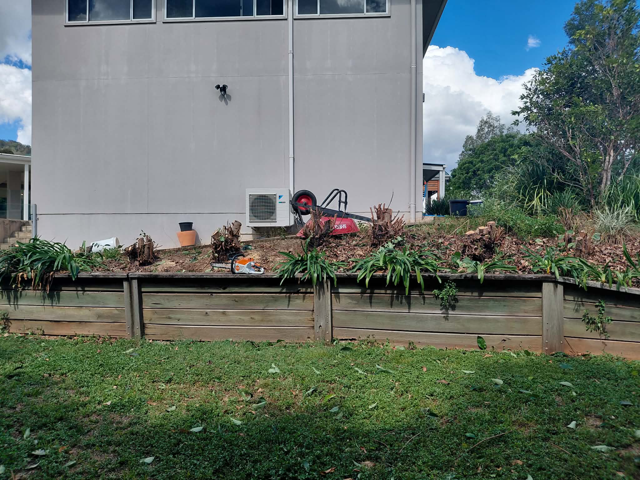 Retaining wall and newly planted mature hedge after landscaping in Camp Mountain